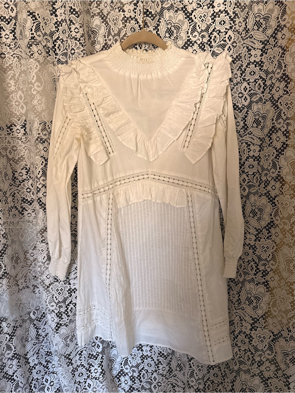 Zara Cream-White Ruffled Lace-Trim Mini Dress